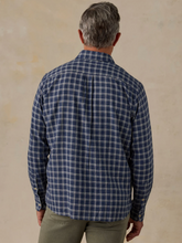 Load image into Gallery viewer, Back view of a man wearing a blue and white plaid shirt with olive pants against a beige all