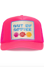 Load image into Gallery viewer, Pink cap with 'Out of Office' patch featuring colorful seashells on a white background