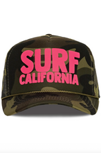 Load image into Gallery viewer, Camouflage cap with pink 'SURF CALIFORNIA' text on a white background