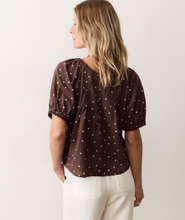 Load image into Gallery viewer, Back view of a woman wearing a brown blouse with white polka dots and white pants on a plain background