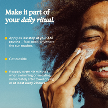Load image into Gallery viewer, Person applying sunscreen with text on a blue background