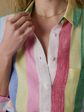 Load image into Gallery viewer, Close-up of a person wearing a colorful striped shirt with a necklace.