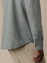 Load image into Gallery viewer, Detail shot of sleeve details on a sage green collared shirt
