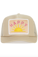 Load image into Gallery viewer, Beige trucker hat with 'Happy' and sun design on a white background
