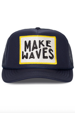 Load image into Gallery viewer, Navy blue cap with 'MAKE WAVES' patch on a white background
