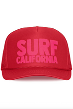 Load image into Gallery viewer, Red cap with 'SURF CALIFORNIA' text on a white background
