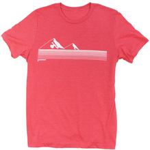 Load image into Gallery viewer, Red tee shirt with white mountain design printed across the chest
