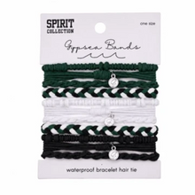 Load image into Gallery viewer, A 6-pack of Spirit Collection Gypsy Bands waterproof bracelet hair ties on a white backing card. The set includes green, white, and black braided and woven bands with small silver charms.
