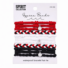 Load image into Gallery viewer, A 6-pack of Spirit Collection Gypsy Bands waterproof bracelet hair ties on a white retail card. The set includes red, white, and black braided and woven bands, each with a small silver anchor charm.
