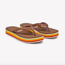 Load image into Gallery viewer, Brown flip-flops with colorful striped sole on a white background
