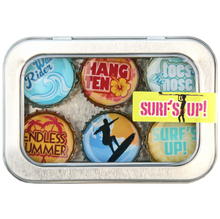 Load image into Gallery viewer, A silver metal tin containing six colorful bottle-cap-style magnets with surf-themed designs and text including 'Surf's Up!' and 'Endless Summer'.
