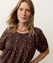 Load image into Gallery viewer, A woman with blonde hair wearing a brown short-sleeve blouse with white polka dots and a red beaded necklace, photographed against a plain off-white background.
