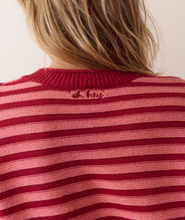 Load image into Gallery viewer, Close-up back view of a person wearing a ribbed knit sweater with horizontal pink and burgundy stripes, showing the small embroidered 'oh hey' logo at the neckline.
