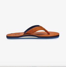 Load image into Gallery viewer, Brown leather flip flop side view with blue sole on a white background
