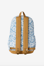 Load image into Gallery viewer, Backpack with blue floral pattern and brown straps on a white background
