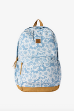 Load image into Gallery viewer, Blue floral-patterned backpack with brown accents on a white background
