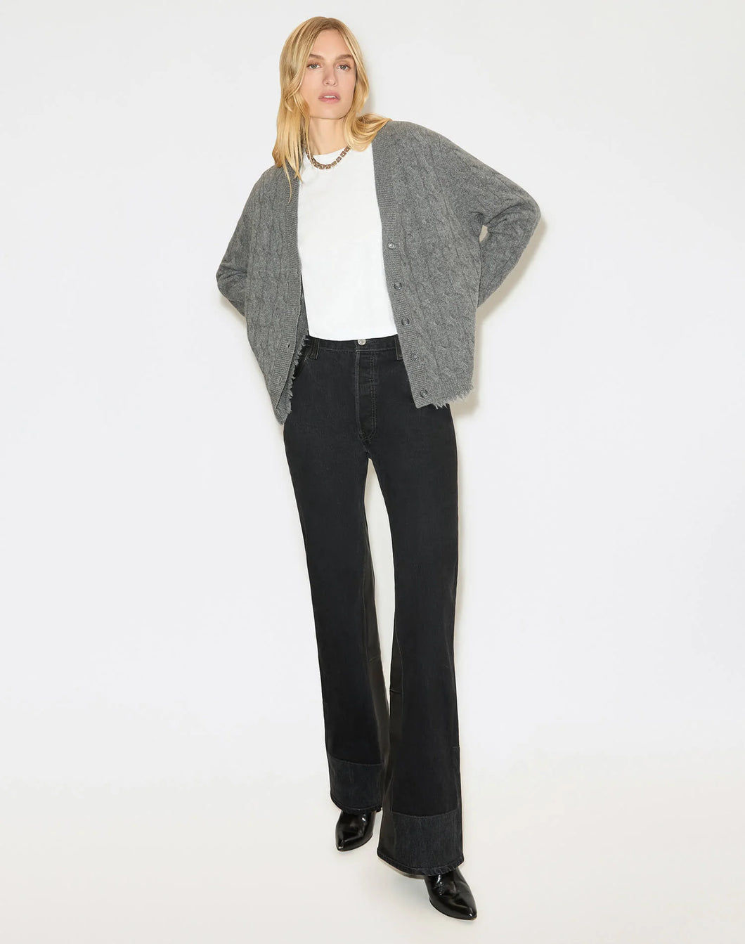 Re/Done Cable V Neck Cardigan