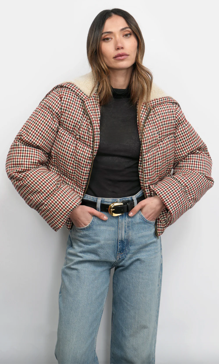 Greylin Sally Gingham Puffer with Shearling Collar