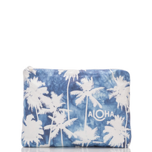 Load image into Gallery viewer, A zippered pouch featuring a blue and white palm tree print with the word 'ALOHA' printed on the front, set against a plain white background.
