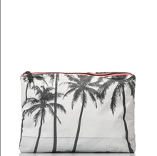 Load image into Gallery viewer, A rectangular zippered pouch featuring a black palm tree print on a white background, with a pink zipper trim.
