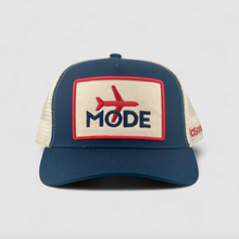 Load image into Gallery viewer, Blue and beige cap with Airplane 'MODE' logo on a light gray background
