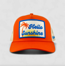 Load image into Gallery viewer, Orange cap with 'Hello Sunshine' patch on a light gray background
