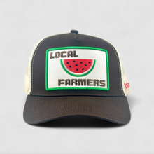 Load image into Gallery viewer, Brown trucker hat with 'Local Farmers' and watermelon design on a grey background
