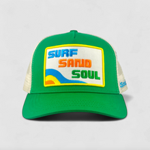 Load image into Gallery viewer, Green cap with 'Surf Sand Soul' patch on a light gray background

