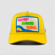Load image into Gallery viewer, Yellow cap with a colorful patch featuring 'Surf Sand Soul' text on a light gray background

